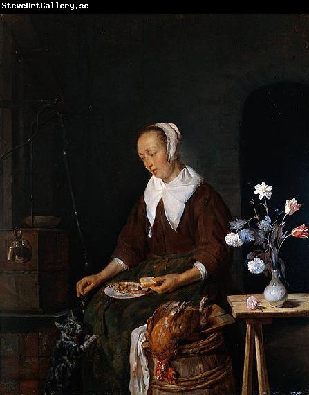 Gabriel Metsu Woman feeding a cat